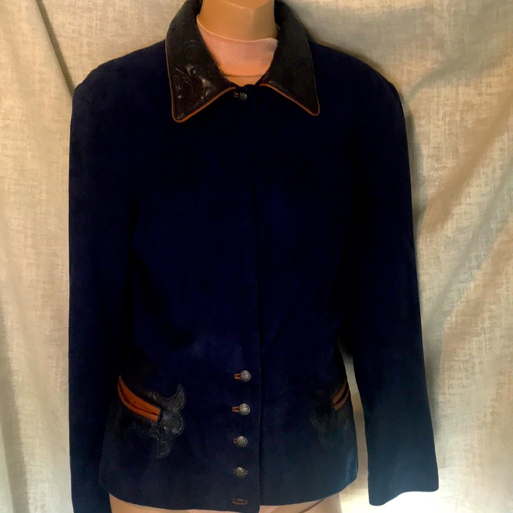 John Michael vintage, navy blue suede, with black embossed fitted blazer.